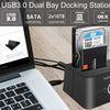 A black USB 3.0 dual bay docking station is shown with an external hard drive connected to a laptop.