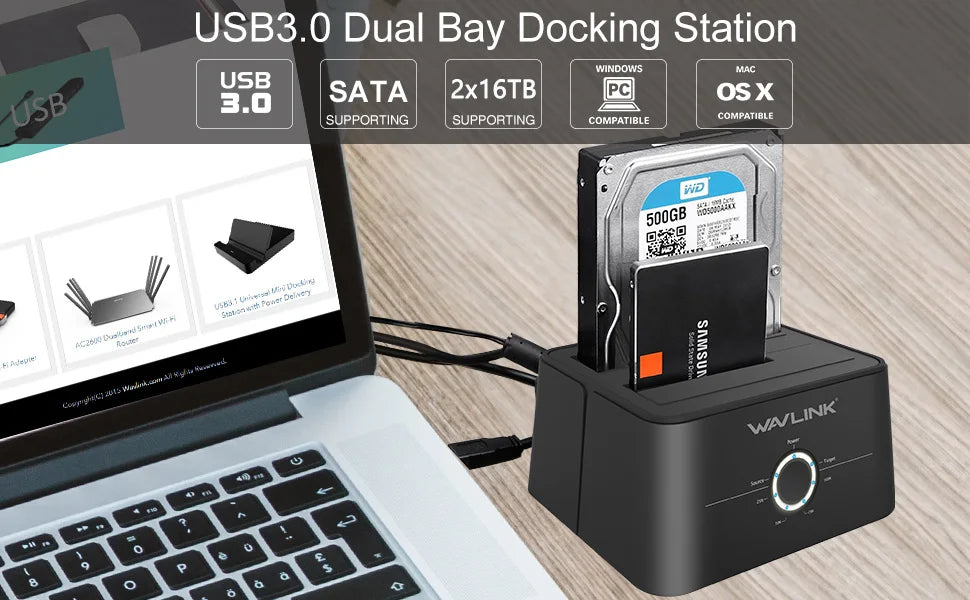 A black USB 3.0 dual bay docking station is shown with an external hard drive connected to a laptop.