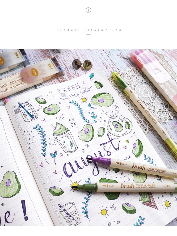 A set of three twin markers in various shades and colors laid out on a sheet of paper with watercolor illustrations.