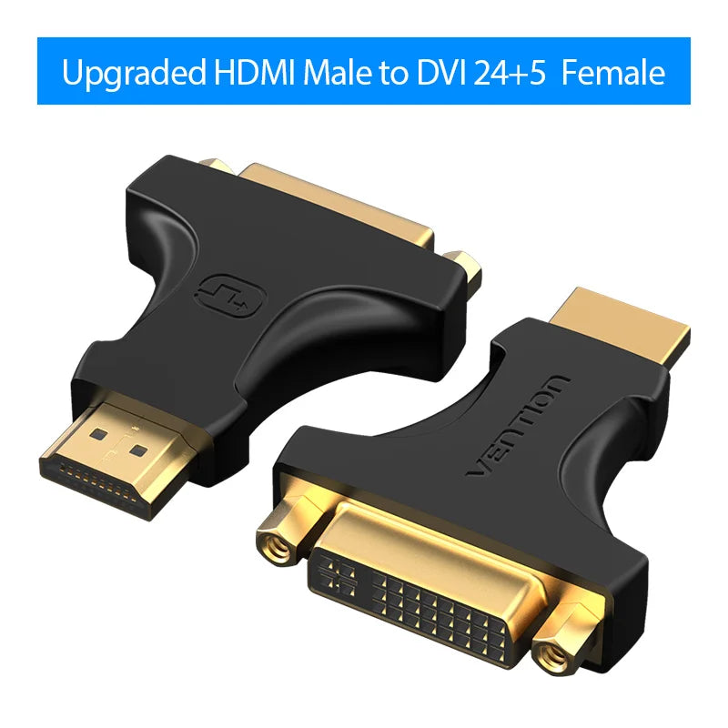 محول ومكيف أسود وذهبي لتحويل موصلات HDMI ذكر إلى DVI أنثى.
