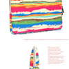 A vibrant, multi-colored canvas laptop sleeve featuring horizontal stripes of various colors like pink, orange, green, and bl