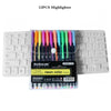 A set of 12 neon colored gel highlighters in a plastic case displayed next to a white keyboard.