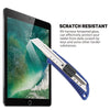 A blue scratch resistant tempered glass screen protector is shown next to an Apple tablet displaying a scenic background.