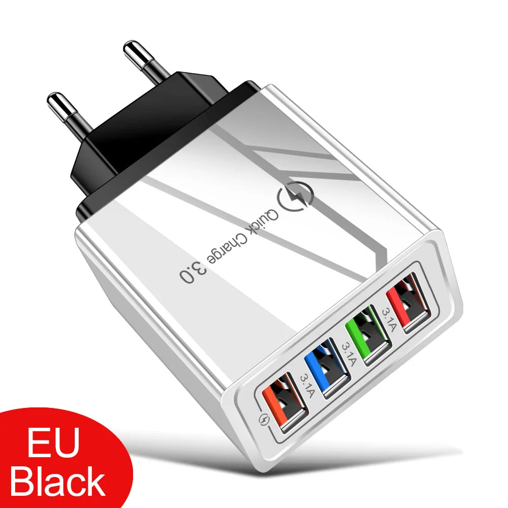 EU Black 4-port fast charging wall adapter with multiple USB ports