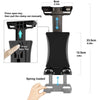 Diagram showing how to press an open key and pull a clamp out manually for the 360° rotating tablet stand.