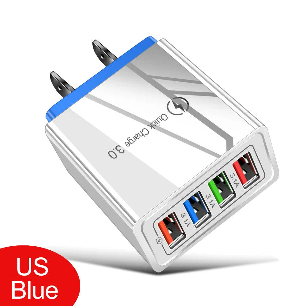 A silver wall adapter with a blue accent and four ports for fast charging mobile devices.