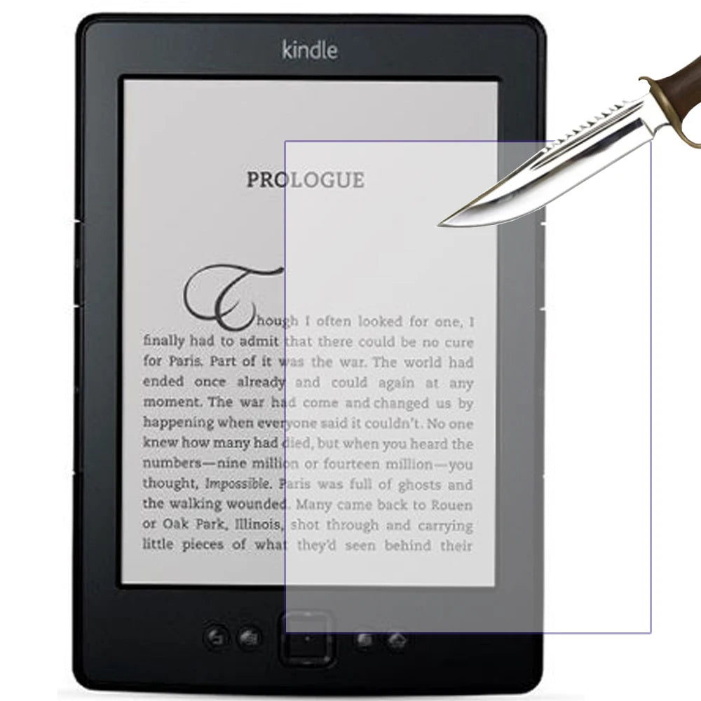 A black Kindle e-reader displaying a prologue text, with a silver tool pointing toward the screen.