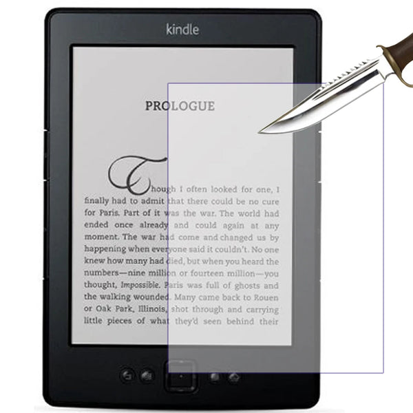 A black Kindle e-reader displaying a prologue text, with a silver tool pointing toward the screen.