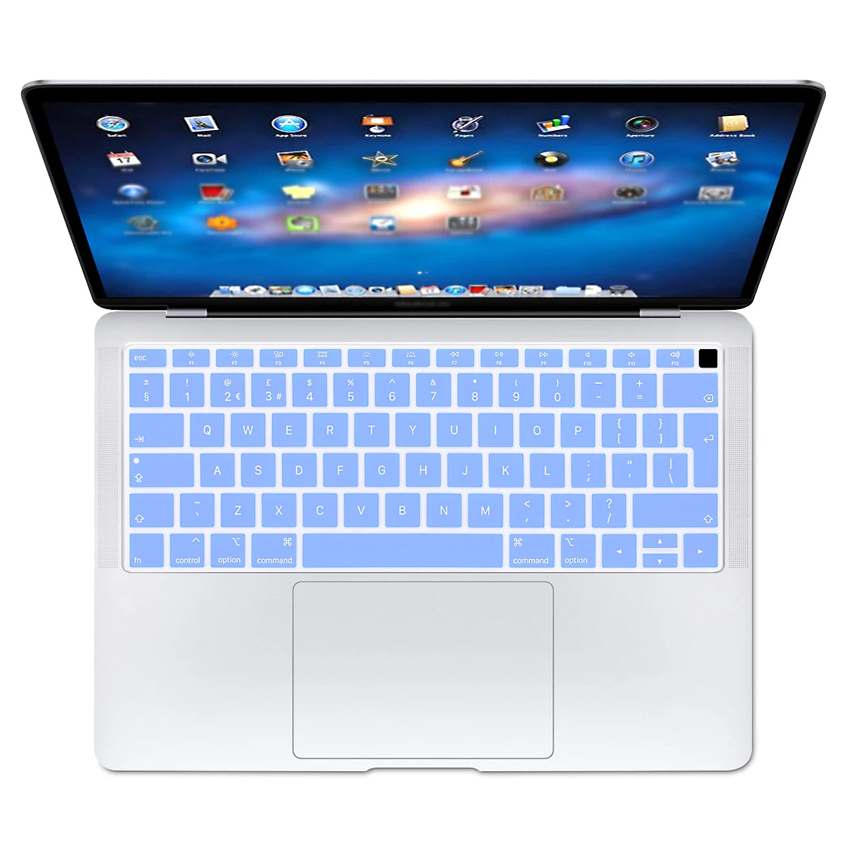 A white silicone keyboard cover for a MacBook Air or Pro, shown open with the laptop displaying a colorful desktop background