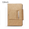 A tan leather keyboard cover for a tablet, featuring a textured finish and a silver closure.