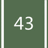 A dark olive green square with the white number 43 centered, framed by vertical borders.