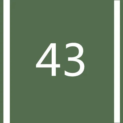 A dark olive green square with the white number 43 centered, framed by vertical borders.