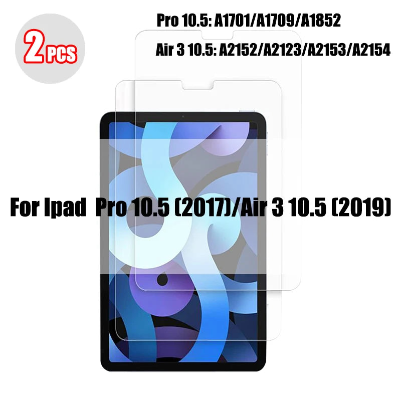 Two tempered glass screen protectors for iPad Pro 10.5 (2017) and Air 3 10.5 (2019) models.
