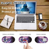A laptop is shown with a privacy webcam cover sticker applied, demonstrating how the camera can be easily blocked.
