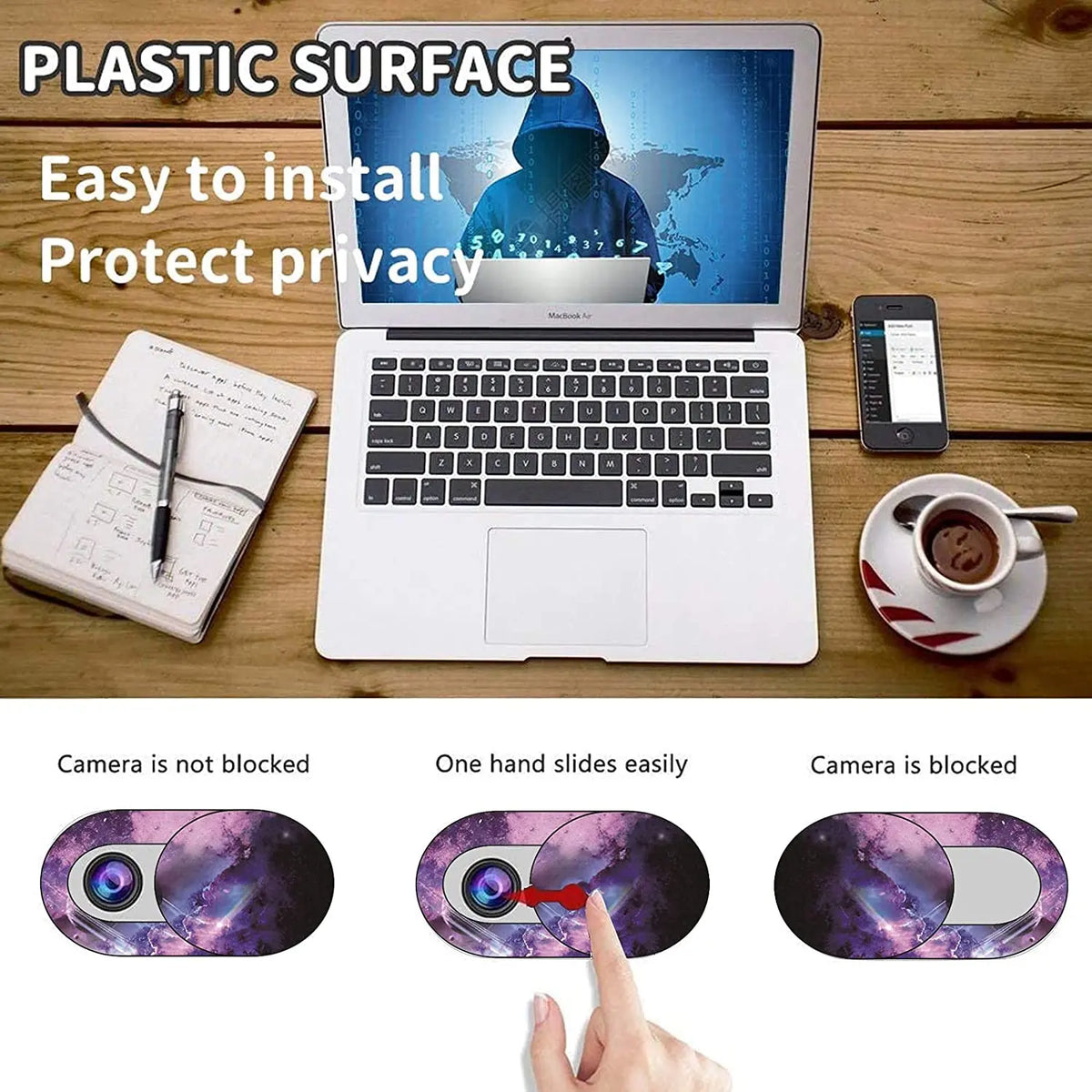 A laptop is shown with a privacy webcam cover sticker applied, demonstrating how the camera can be easily blocked.