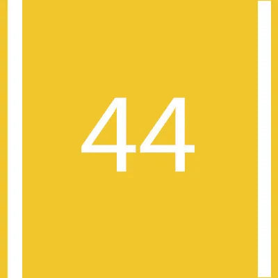 A yellow rectangular background with a white vertical stripe on the left and right edges, featuring the number 44 in the cent