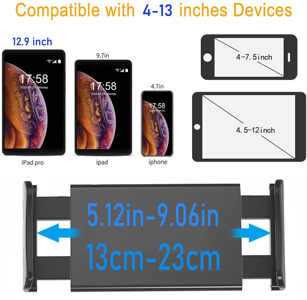 Adjustable tripod stand for tablets and mobile phones showing compatibility with various screen sizes.