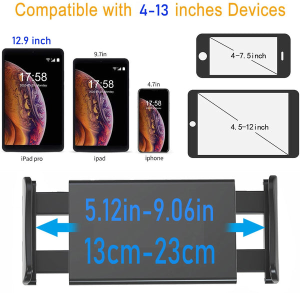 Adjustable tripod stand for tablets and mobile phones showing compatibility with various screen sizes.