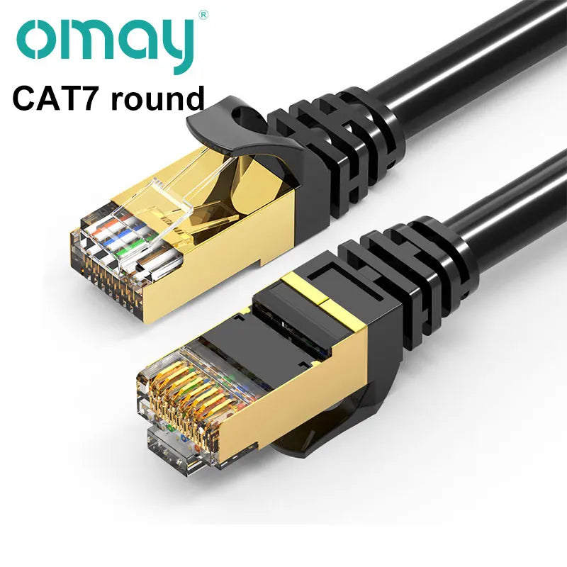 Schwarzer CAT7-Rund-Ethernet-Kabelanschluss mit goldplattiertem Stecker