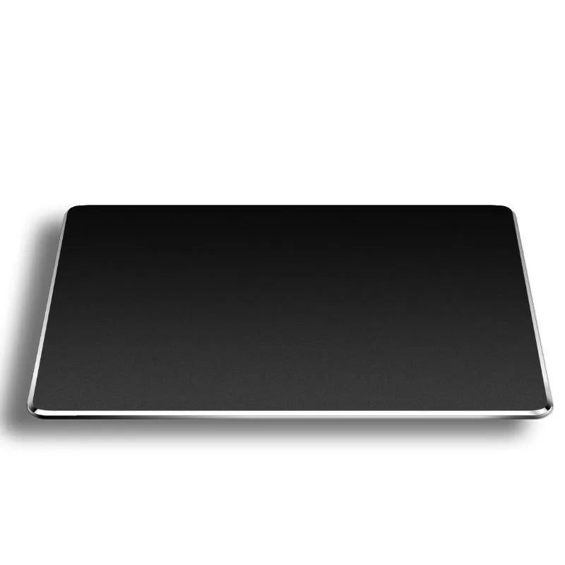 A rectangular black mouse pad made of aluminum and PU leather.