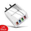 A silver wall adapter with four USB-C ports for fast charging mobile devices.