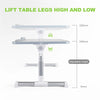 A portable adjustable laptop desk stand with lift table legs shown in various height settings.