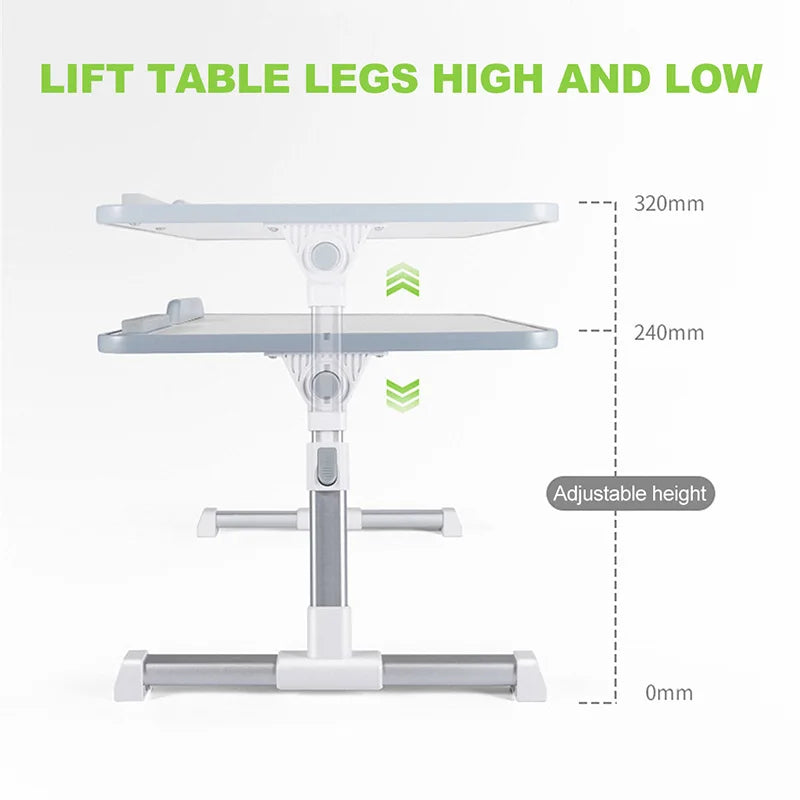 A portable adjustable laptop desk stand with lift table legs shown in various height settings.