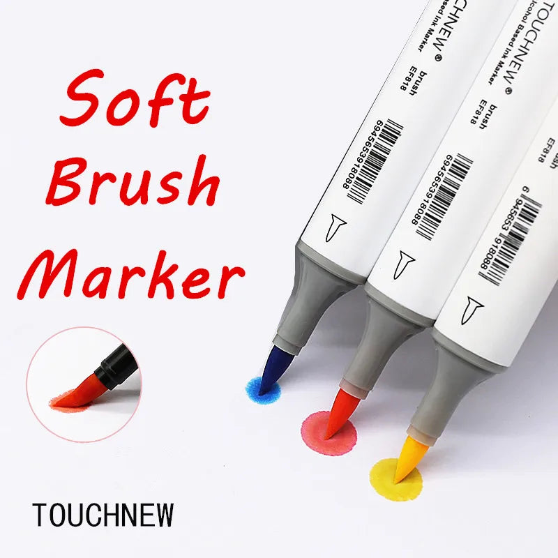 A set of Touchnew soft brush markers showing various tips and colors for drawing and manga.