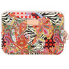 A colorful, patterned canvas laptop sleeve featuring a black and white zebra print mixed with vibrant floral designs.