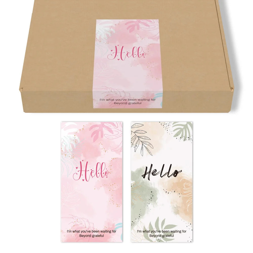 Pink and green rectangular gift stickers with the word Hello and a grateful message