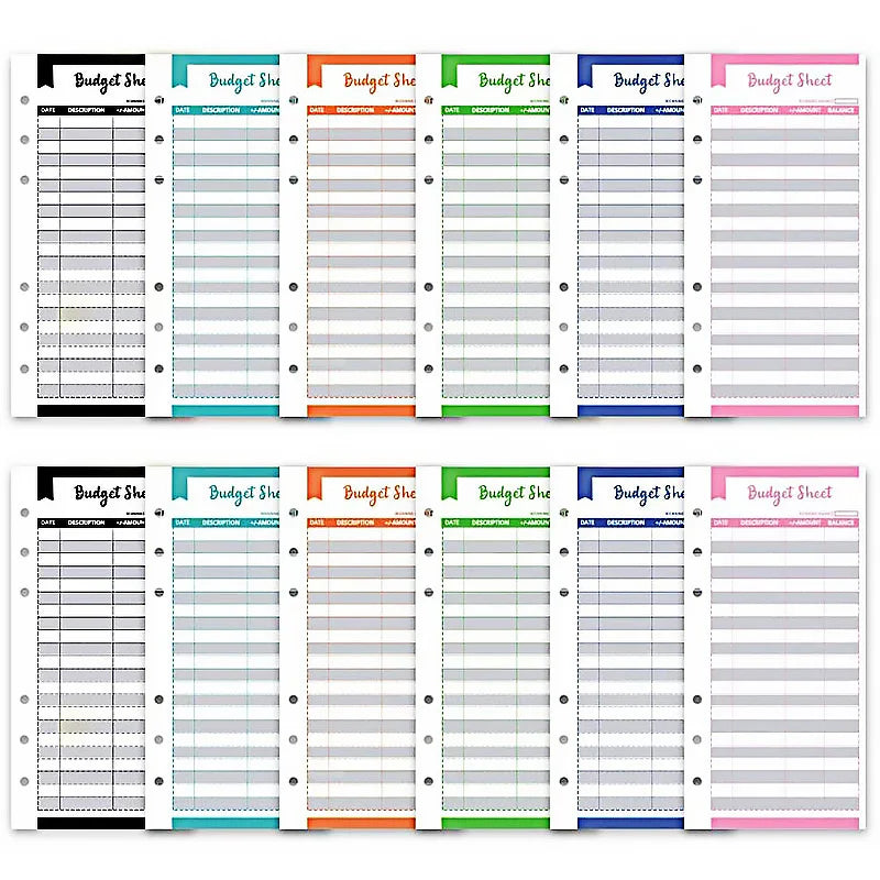 A set of twelve budget planner cards in six colors for cash envelopes