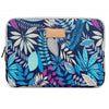 A dark blue canvas laptop sleeve featuring a vibrant tropical leaf pattern and a light tan leather accent.