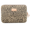 A beige and brown leopard print durable canvas laptop sleeve for a MacBook or PC.