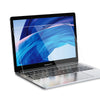 A silver MacBook Pro laptop displaying a blue abstract background with a clear screen protector applied.