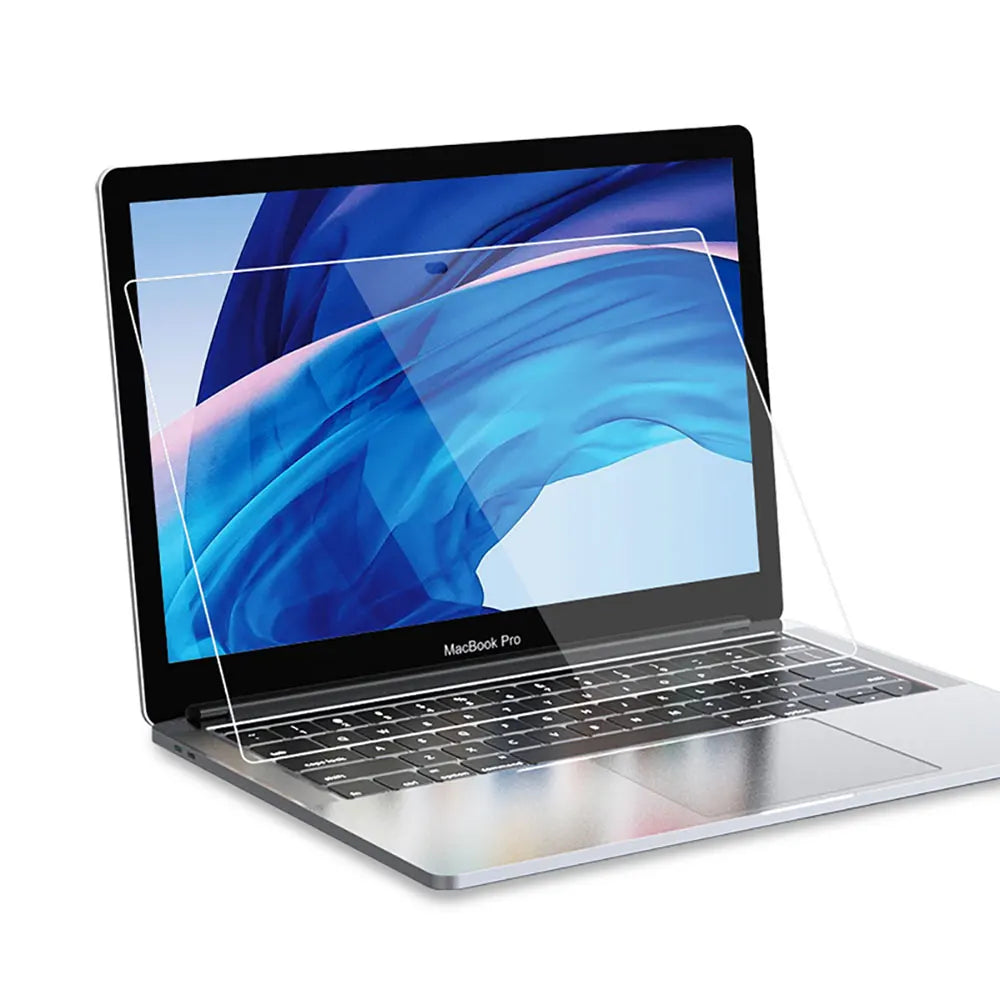 A silver MacBook Pro laptop displaying a blue abstract background with a clear screen protector applied.