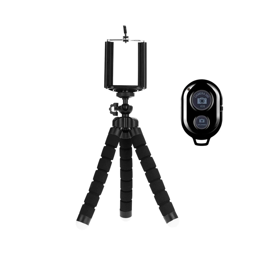 Black flexible mini tripod with a clamp for mounting smartphones and cameras