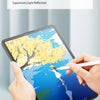 A hand holds an iPad displaying a colorful illustration, demonstrating the matte surface finish of a screen protector.