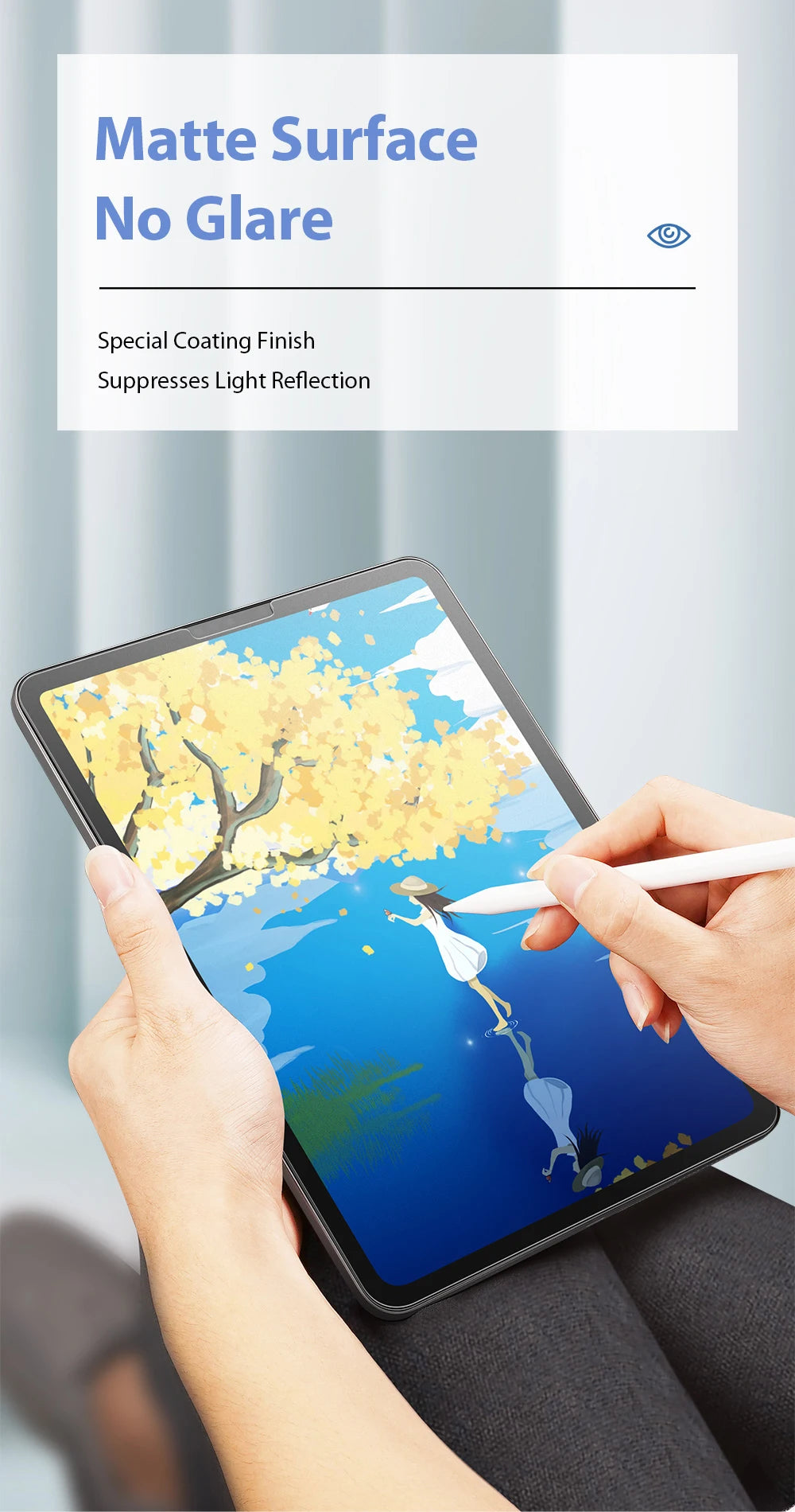 A hand holds an iPad displaying a colorful illustration, demonstrating the matte surface finish of a screen protector.