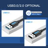 Extension cable showing USB 3.0 and USB 2.0 connectors, highlighting optional support for both standards.