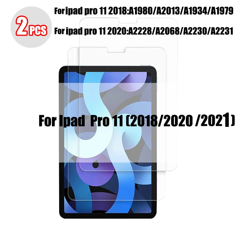 Two tempered glass screen protectors for iPad Pro models 2018, 2020, and 2021.