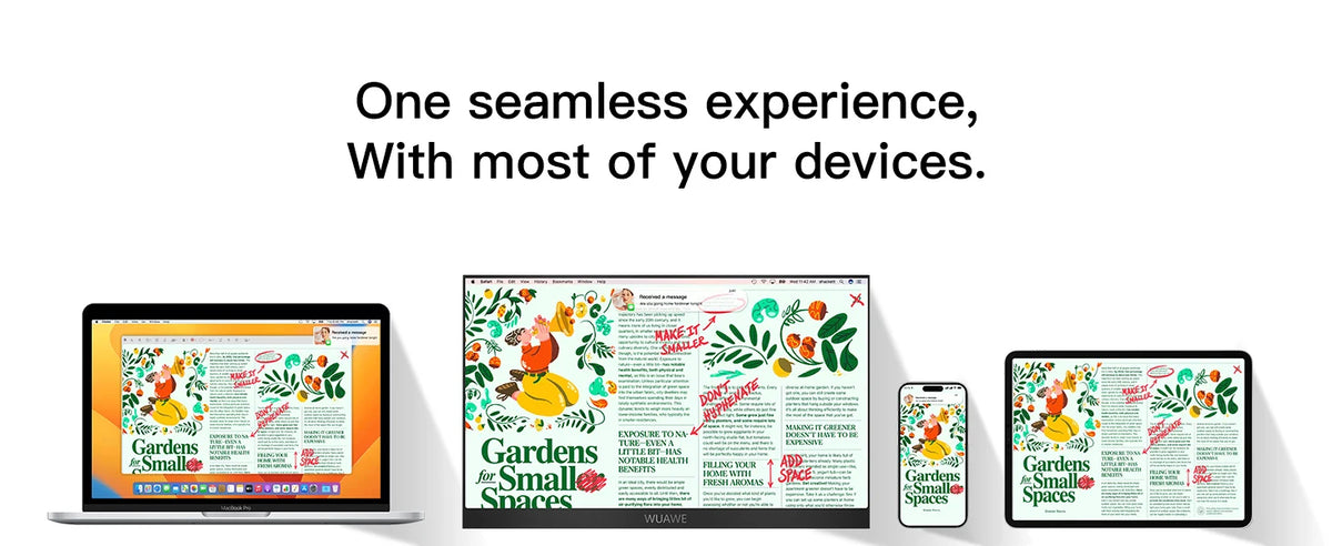 A laptop displaying a user interface with text and images, alongside a smartphone and a tablet.