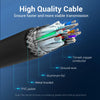 Close-up view of a high quality cable showing internal conductors including tinned-copper, aluminum foil, and metal braided w