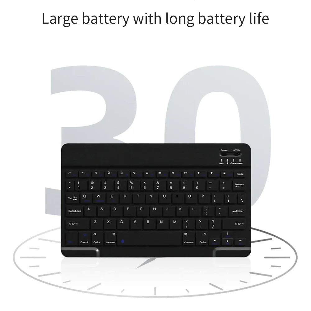 Un clavier et une souris Bluetooth universels noirs sur fond blanc.