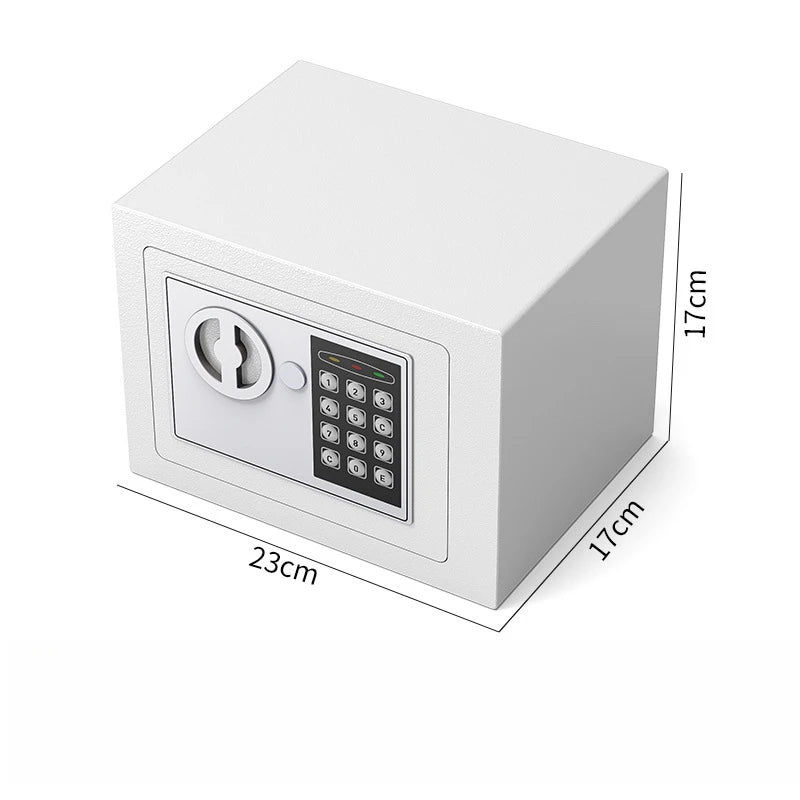 A white digital lock safe box with a keyhole and a keypad is shown from the top-down view.
