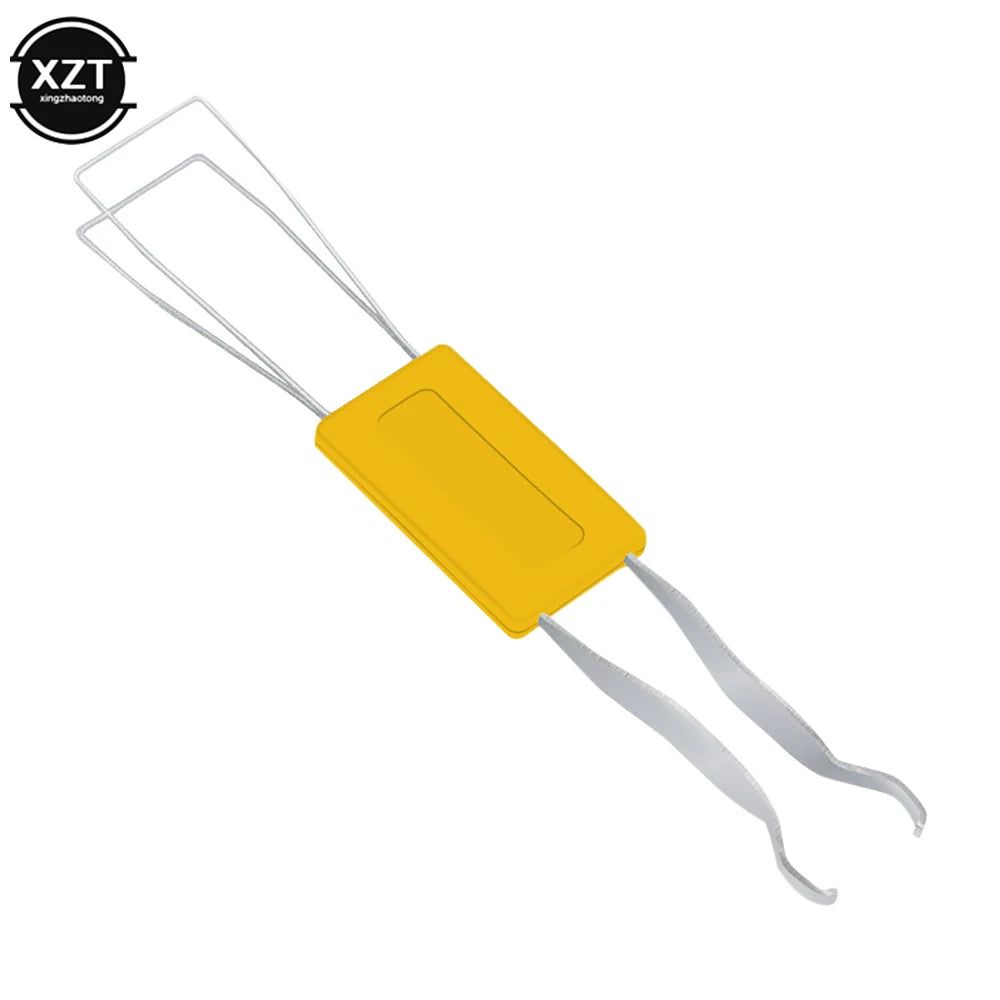 A yellow 2-in-1 stainless steel keycap and switch puller tool for mechanical keyboards.