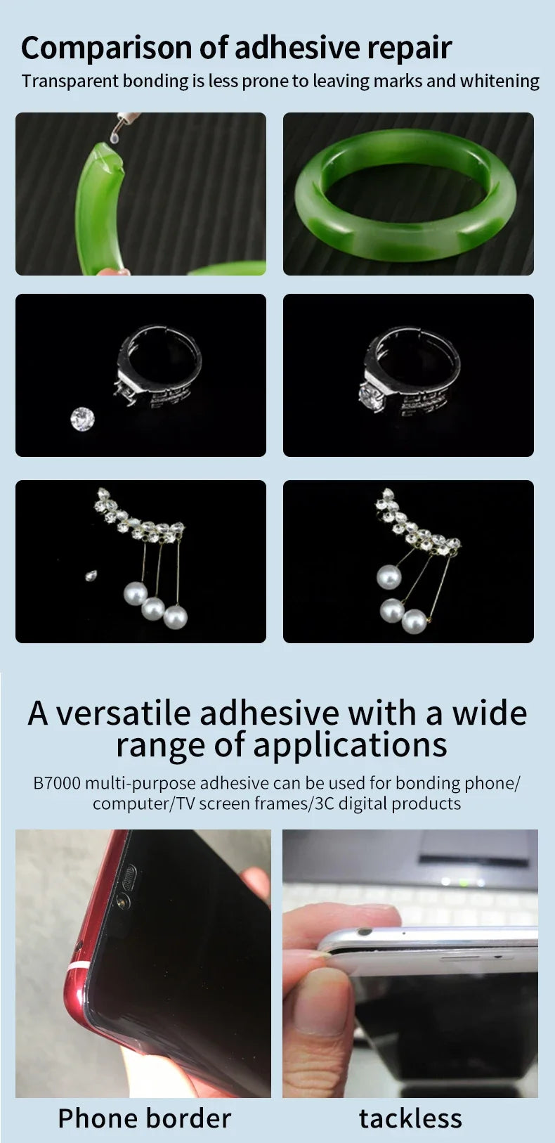 Comparison of adhesive repair showing transparent bonding, jewelry repairs, and versatile adhesive applications on electronic