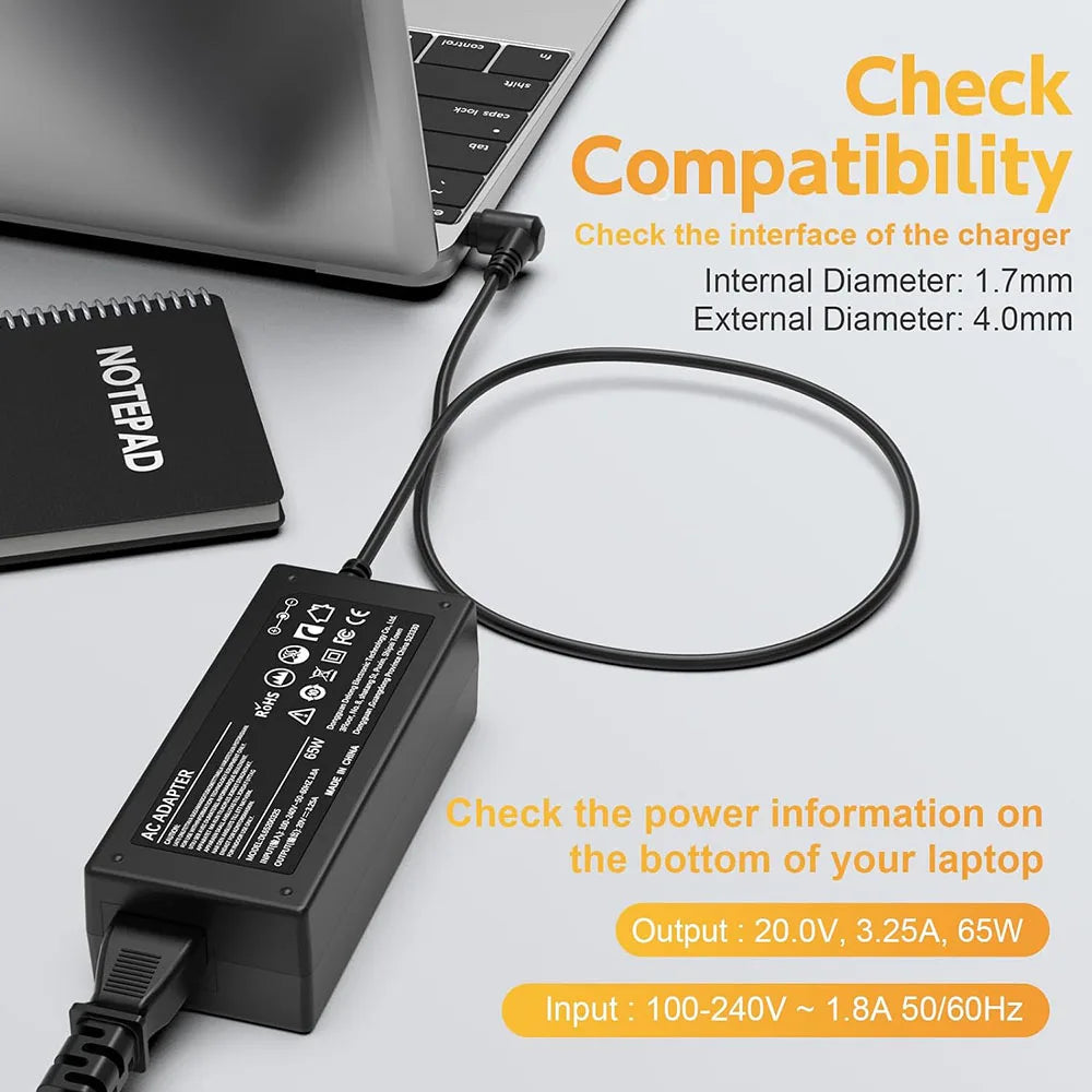 A black universal laptop charger with a 1.7mm internal and 4.0mm external diameter is shown next to a laptop.