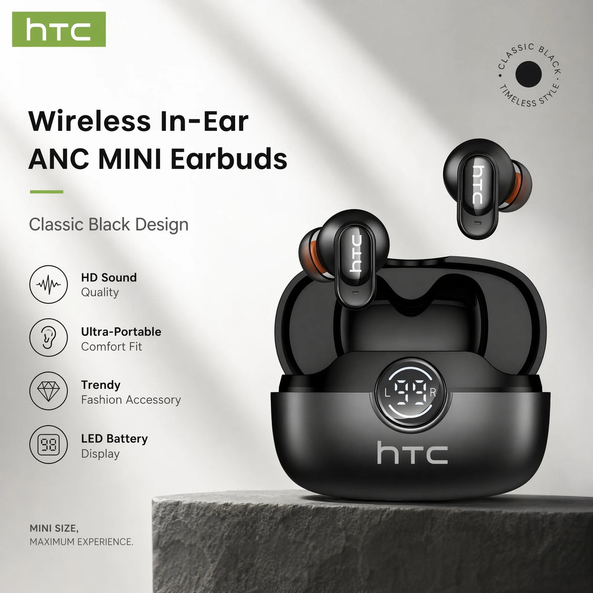 A pair of black HTC wireless in-ear earbuds resting on a gray surface.