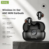 A pair of black HTC wireless in-ear earbuds resting on a gray surface.