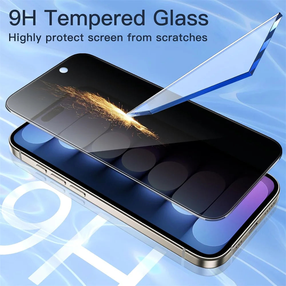 A hand applying a 9H tempered glass screen protector film to a smartphone screen.